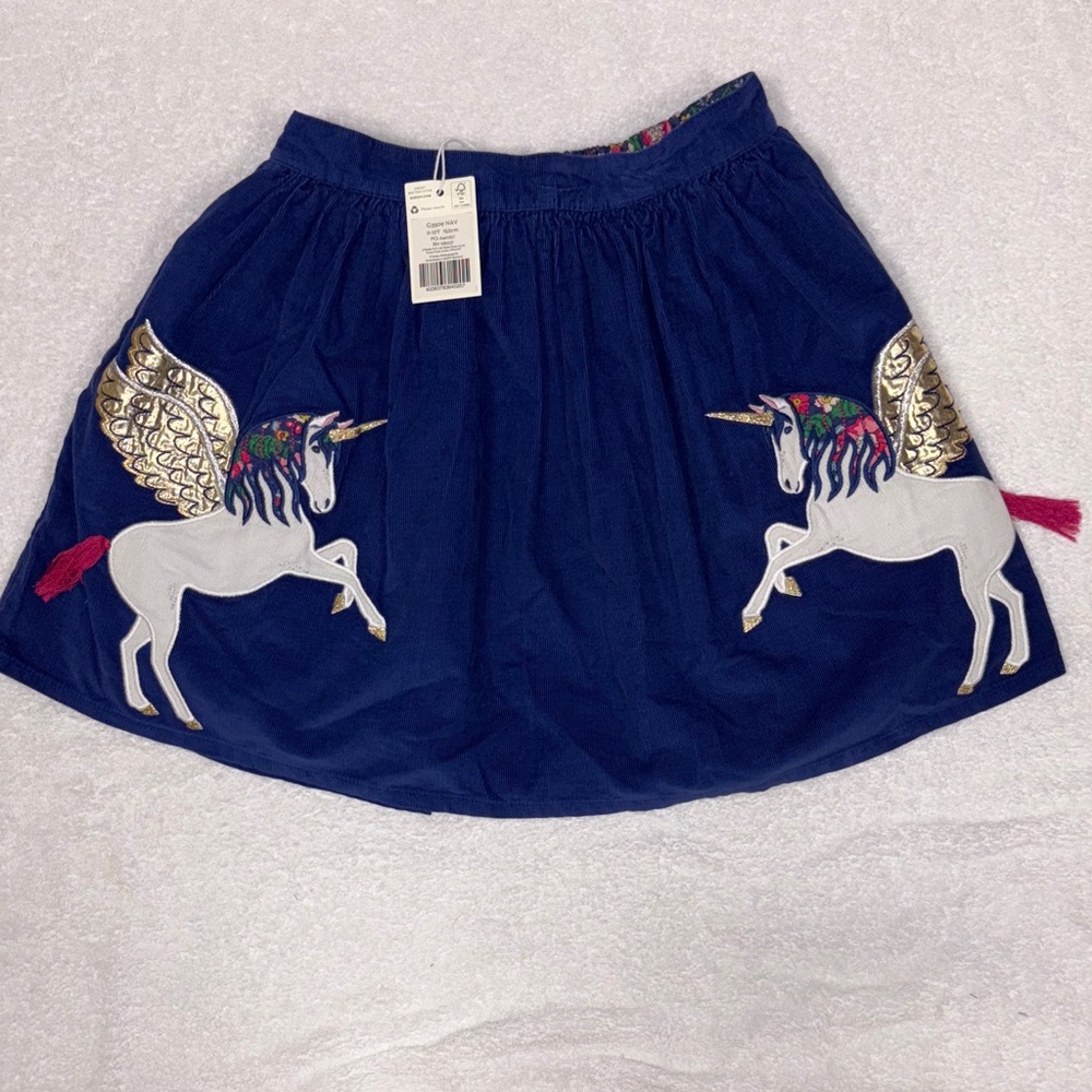 NWT Boden Blue corduroy Skirt with Unicorn Pegasus Embroidery 11/12